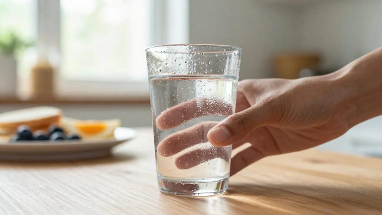 Una mano alcanza un vaso de agua fresca con gotas de condensación sobre una mesa de madera.