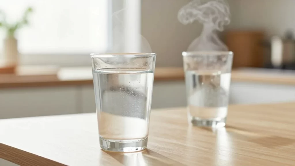Vaso de agua fría con condensación junto a un vaso de agua caliente humeante sobre una mesa de madera.