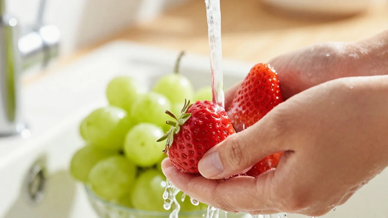 Frescas fresas rojas y uvas verdes bajo un chorro de agua en un fregadero.