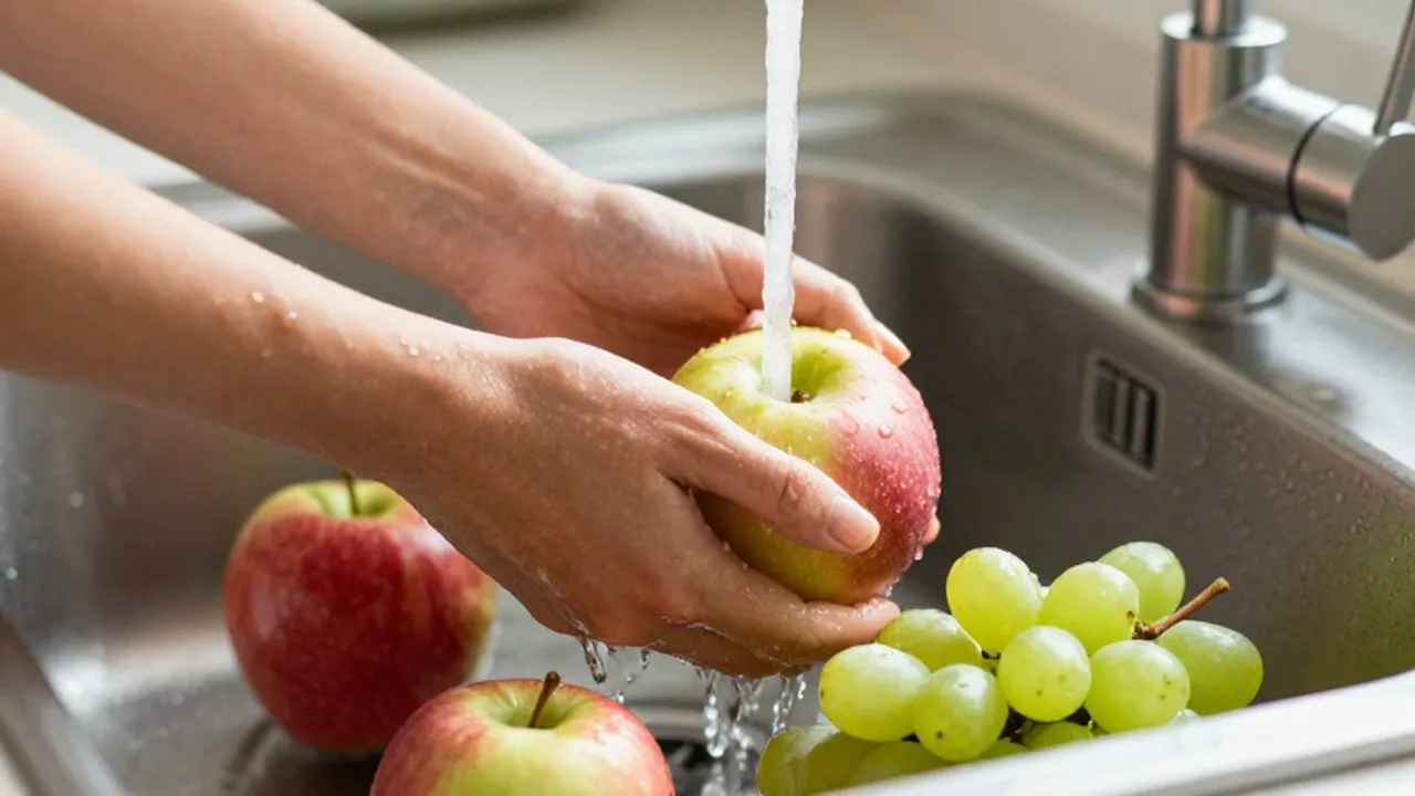Manos lavando manzanas y uvas bajo el chorro de agua en un fregadero moderno.