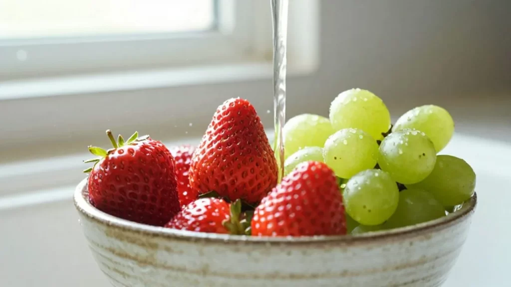 Fresas rojas y uvas verdes se enjuagan bajo un chorro de agua en un cuenco de cerámica.
