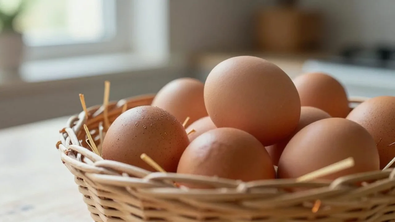 Huevos orgánicos de color marrón en una cesta de mimbre con restos de paja.