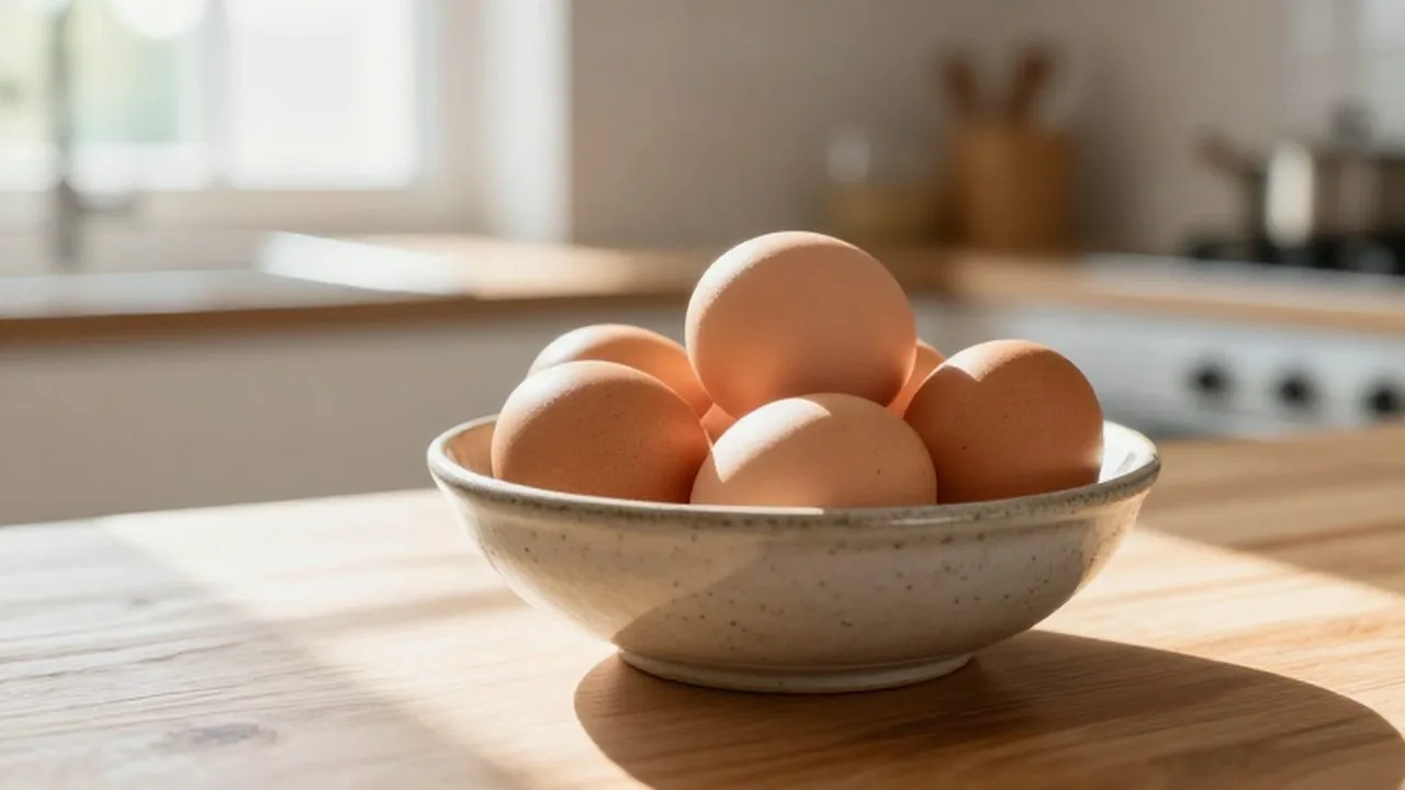 Huevos orgánicos de color marrón en un bol de cerámica sobre una encimera de madera.
