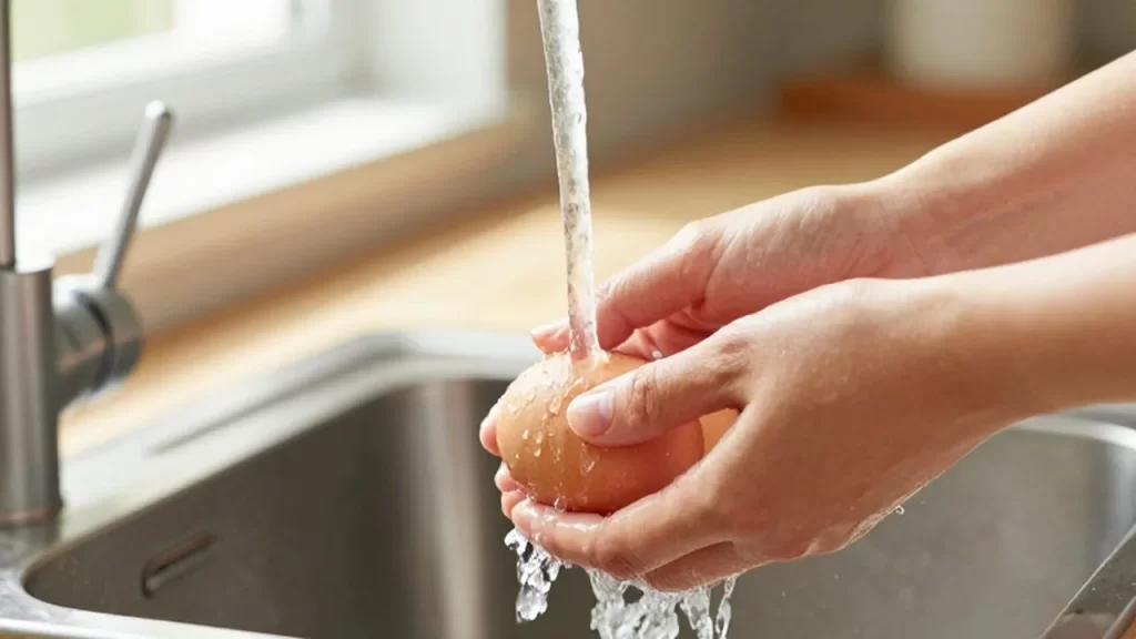 Manos lavando huevos orgánicos bajo el chorro de agua en una cocina iluminada.