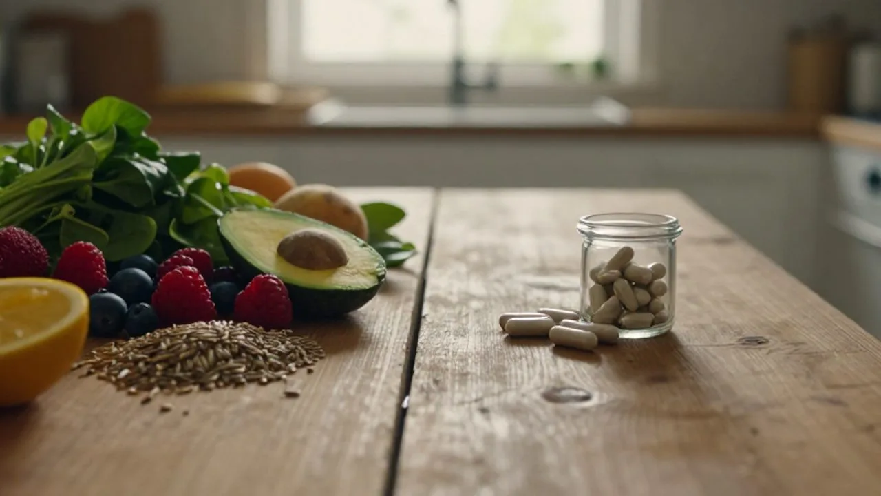 Mesa de madera con alimentos frescos y naturales junto a un frasco de cápsulas de suplementos.