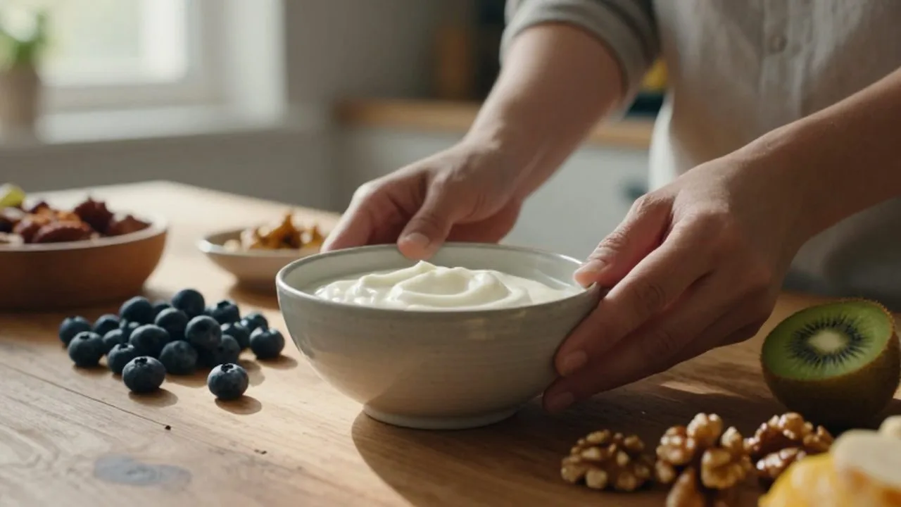 Manos acomodando yogur natural con arándanos, kiwi y nueces en una mesa de madera.