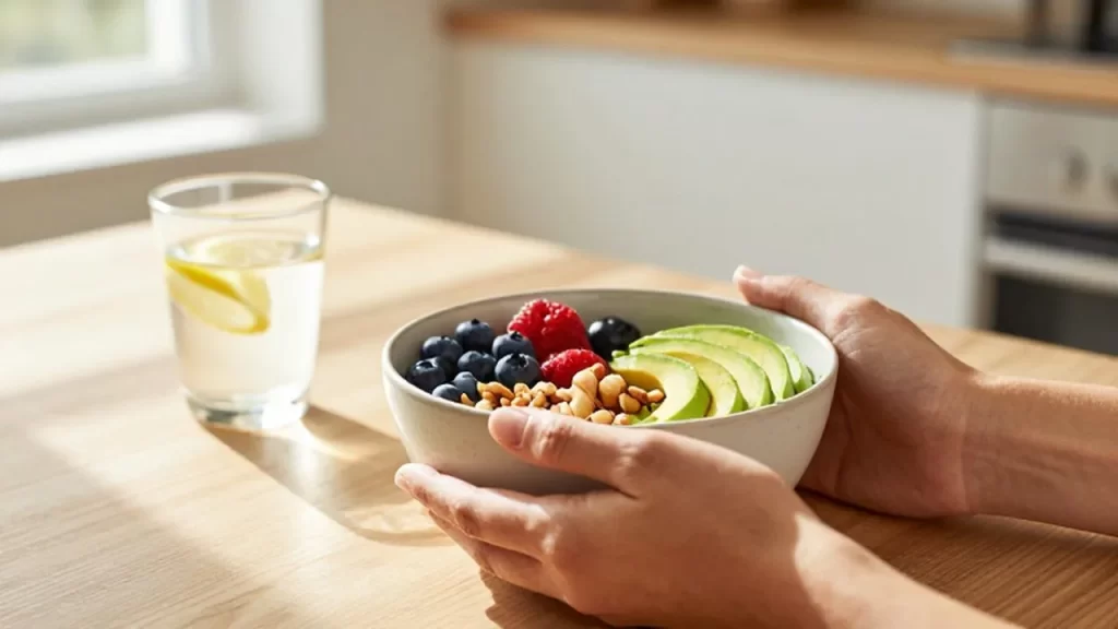 Manos sosteniendo un cuenco con aguacate