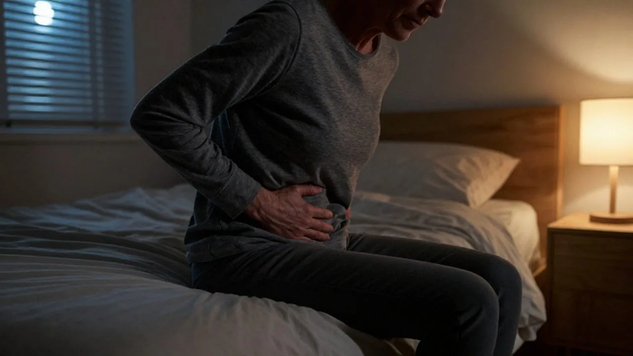 Persona de mediana edad sentada en la cama con dolor abdominal en una habitación tenue.