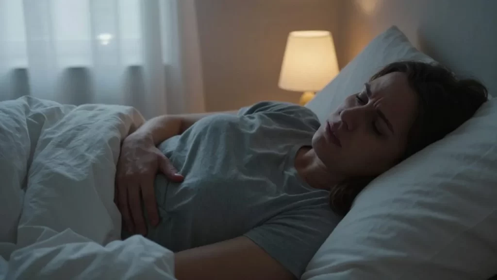 Persona con expresión de malestar descansando en la cama y tocándose el abdomen.