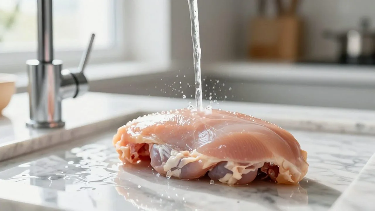 Pechuga de pollo cruda bajo un chorro de agua limpia sobre una encimera de mármol.