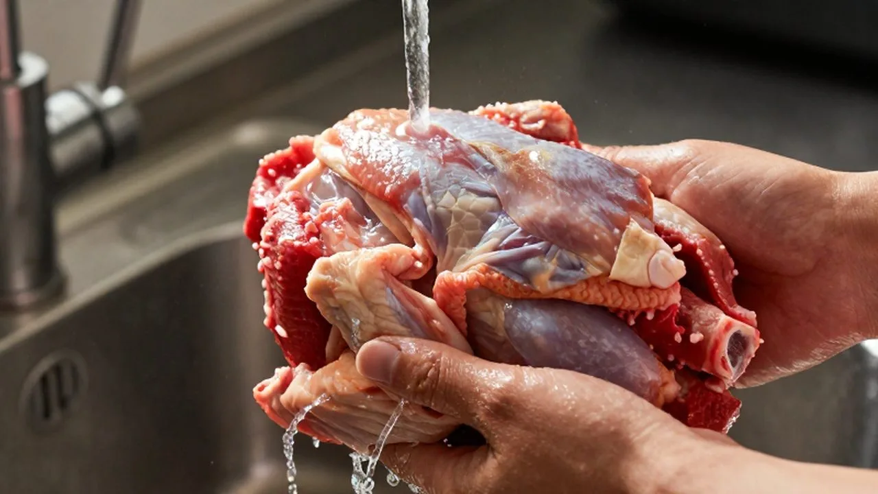 Carne de ave cruda bajo un chorro de agua en un fregadero de acero.