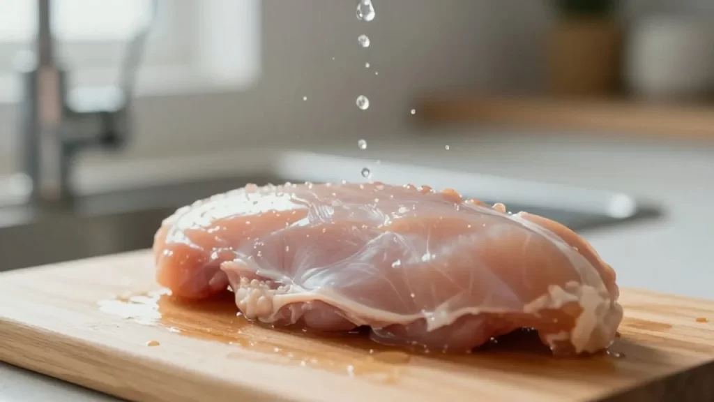 Pechuga de pollo cruda sobre una tabla de madera con gotas de agua salpicando al fondo.
