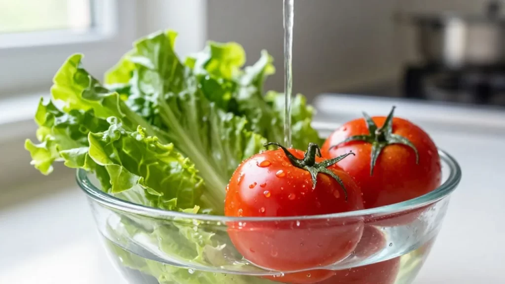 Tomates rojos y lechuga fresca se lavan en un bol de cristal con agua limpia.