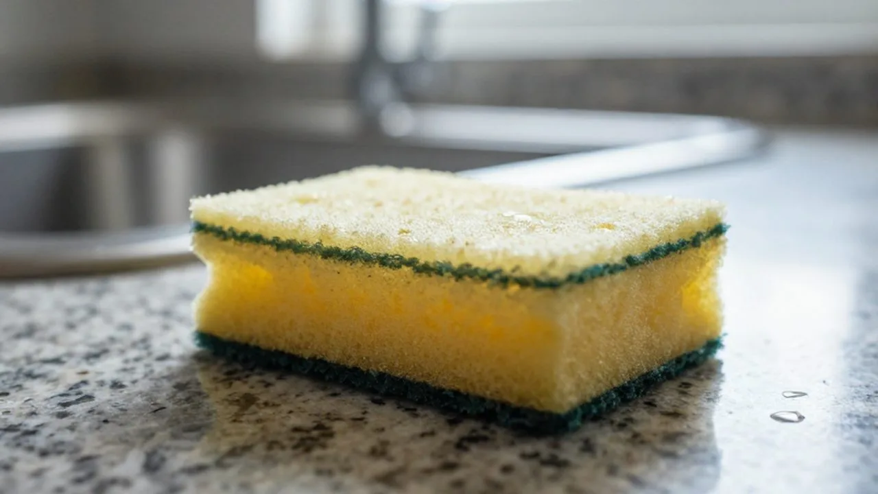Esponja de cocina desgastada y húmeda sobre una encimera de granito con gotas de agua.