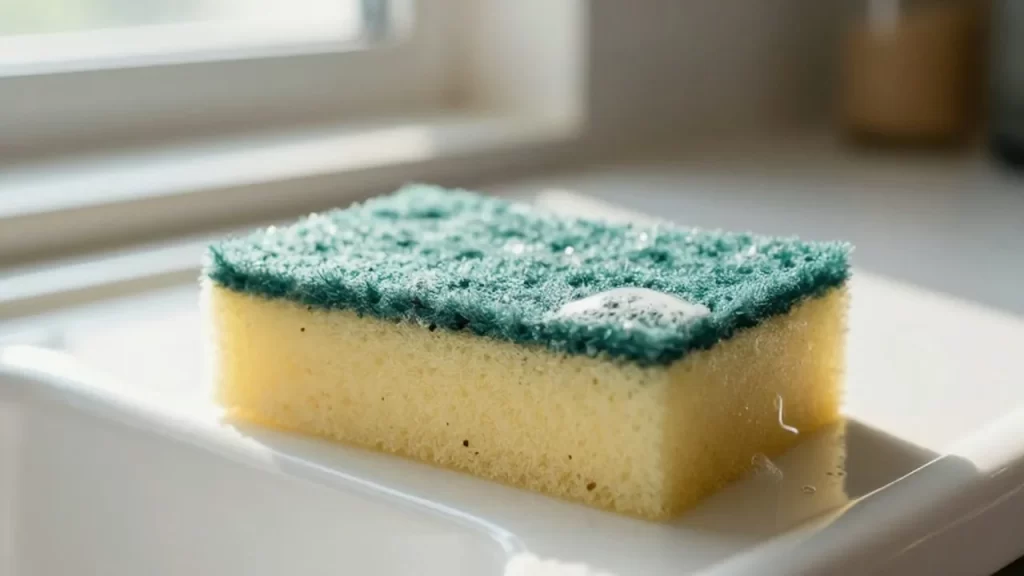 Esponja de cocina desgastada y con manchas sobre un fregadero de cerámica blanca iluminado por el sol.