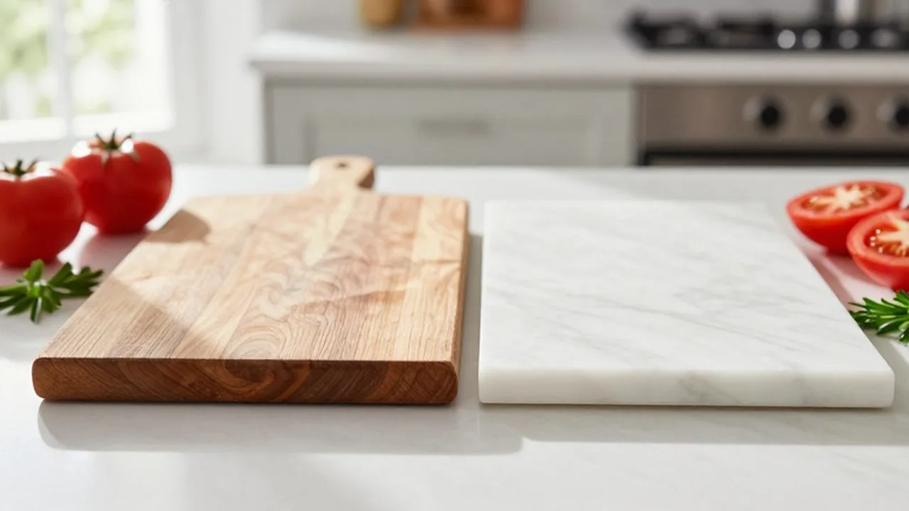 Tabla de madera y otra de mármol blanco junto a tomates y hierbas frescas en una cocina.