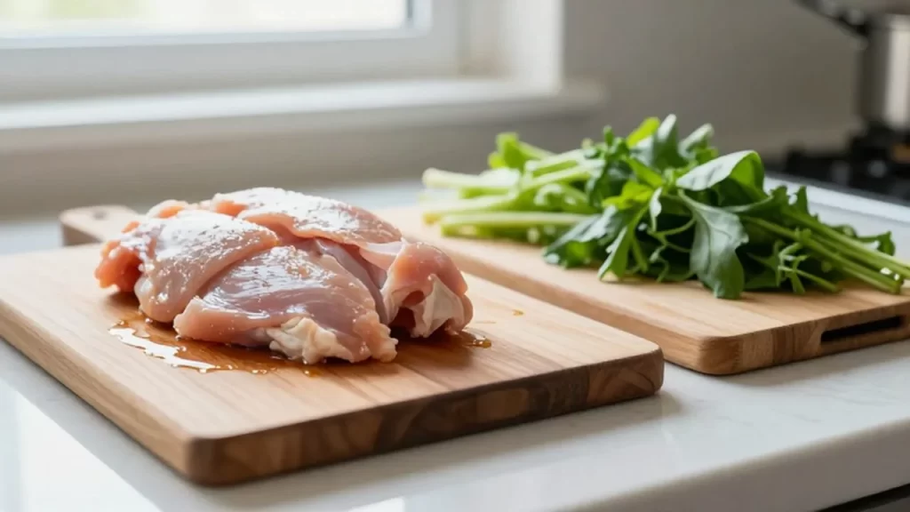 Tablas de madera con trozos de pollo crudo y vegetales frescos sobre una encimera.