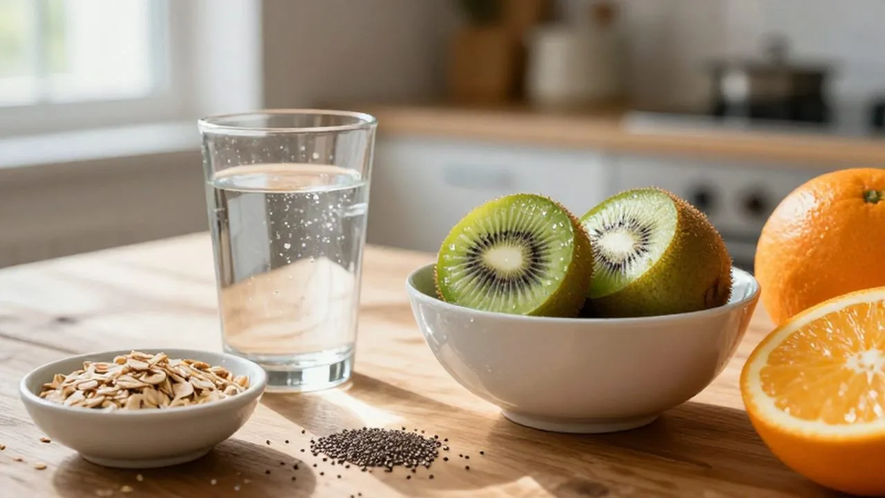 Un tazón con rodajas de kiwi y naranja junto a un vaso de agua con gas sobre una mesa de madera.