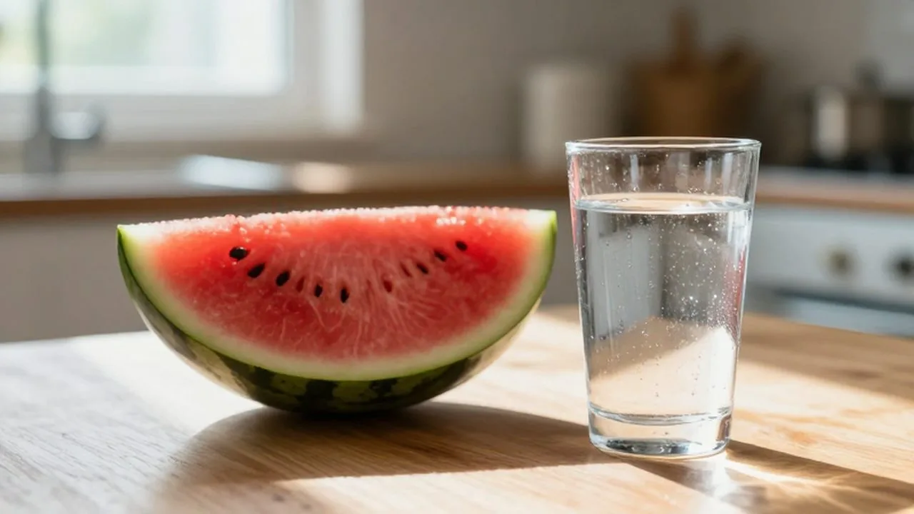 Sandía fresca cortada y un vaso de agua con gotas de condensación sobre una mesa de madera.