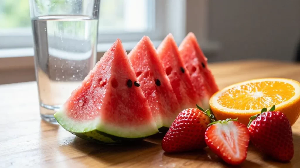 Fruta fresca cortada con un vaso de agua sobre una mesa de madera bajo la luz del sol.