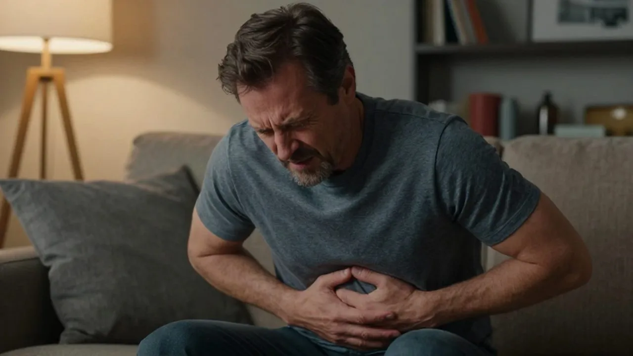 Hombre de mediana edad sentado en un sofá con expresión de dolor abdominal.