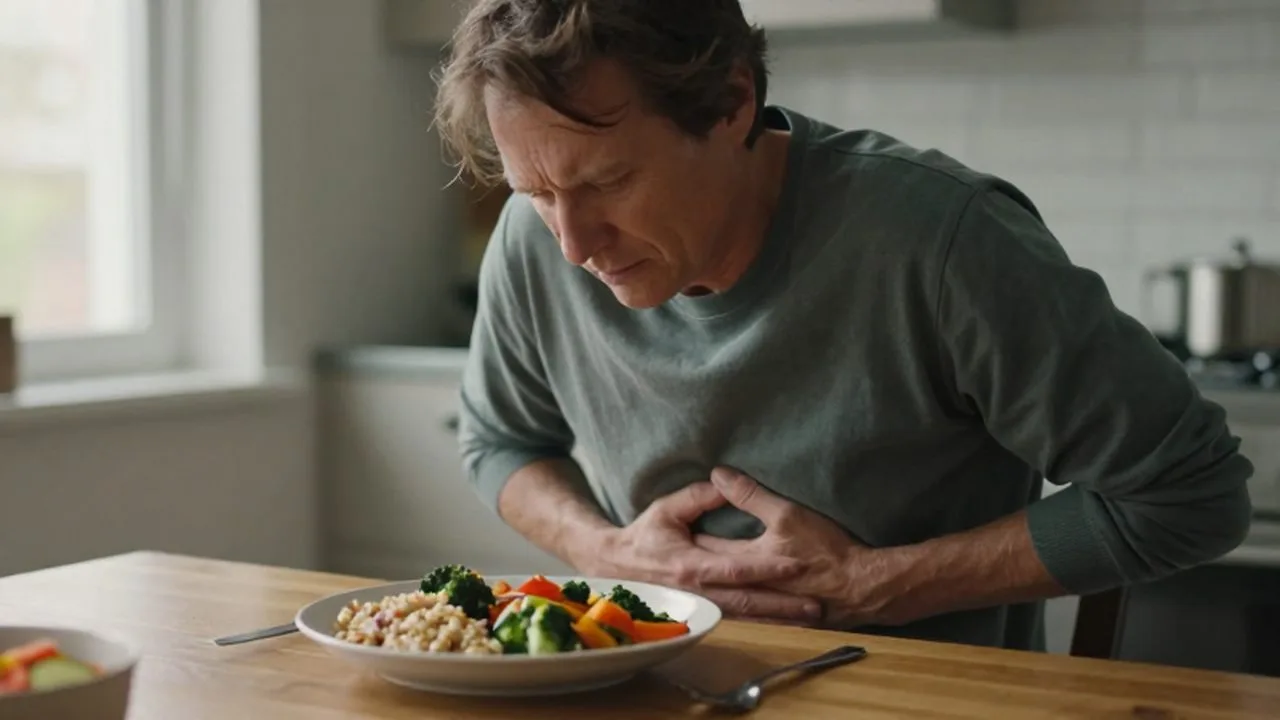 Persona de mediana edad sentada ante una comida saludable con expresión de molestia abdominal.