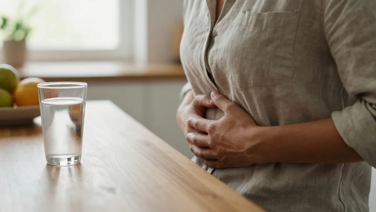 Manos con tensión apoyadas sobre el abdomen de una persona sentada a la mesa.