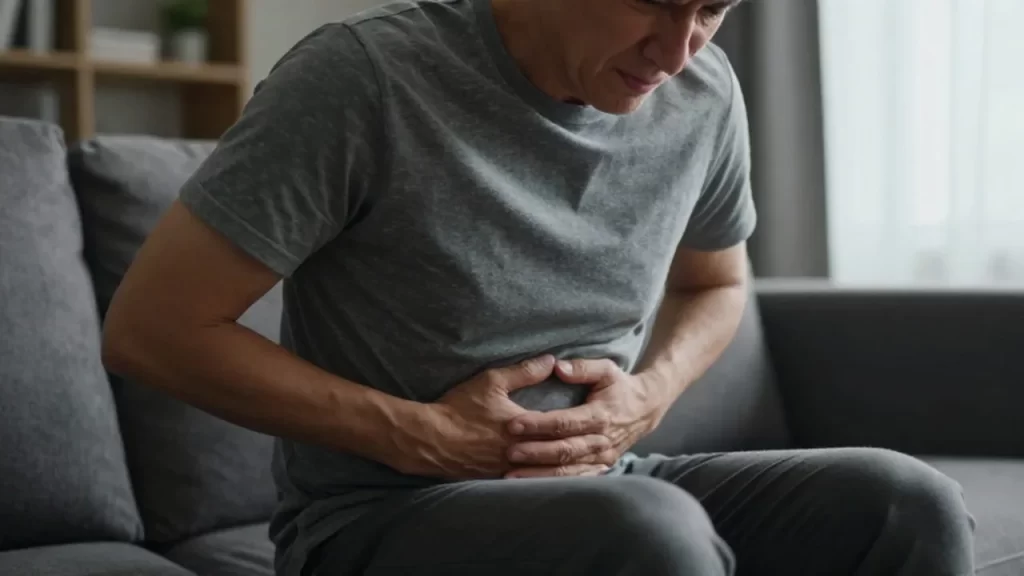Persona de mediana edad sentada en un sofá con expresión de dolor abdominal.