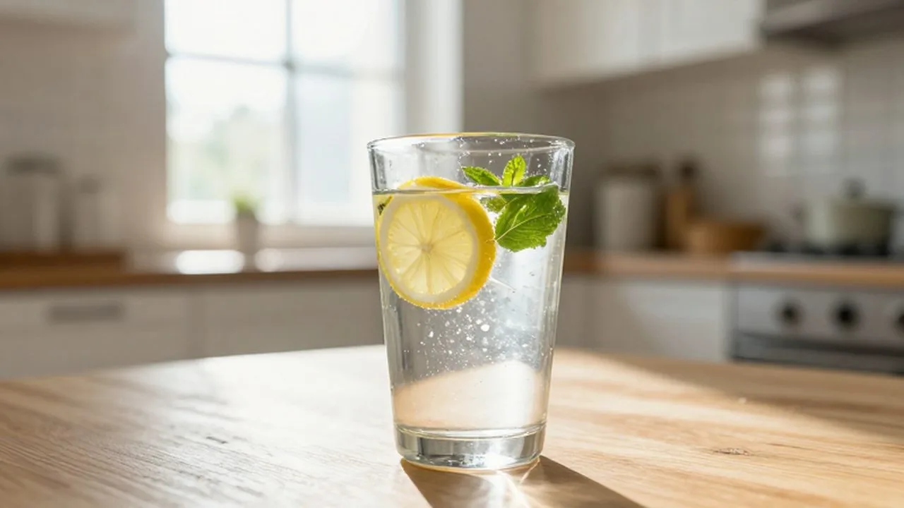Vaso de agua con rodajas de limón y hojas de menta sobre una mesa de madera iluminada por el sol.