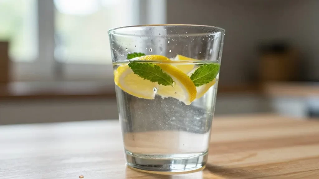 Vaso de agua fresca con rodajas de limón y hojas de menta sobre una mesa de madera.
