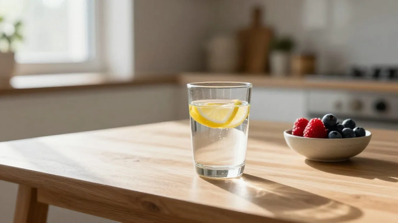 Vaso de agua con rodajas de limón y un cuenco de bayas sobre una mesa de madera.