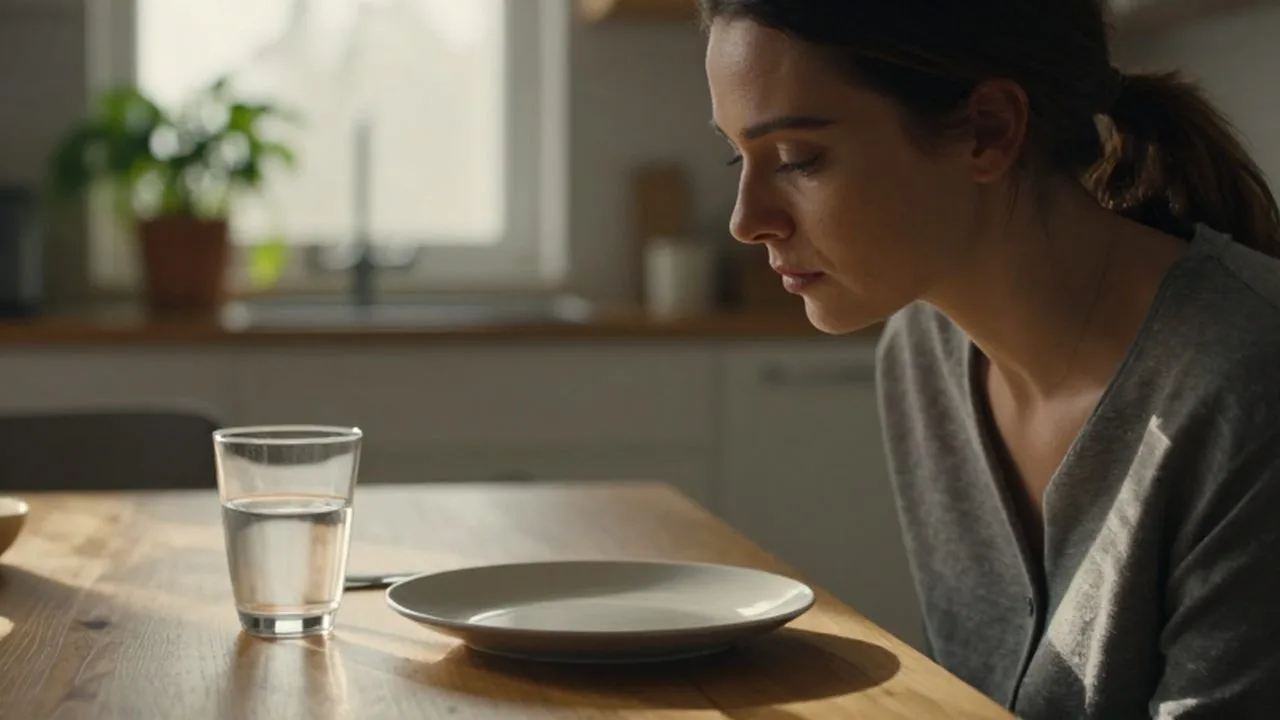 Mujer pensativa sentada frente a un plato vacío y un vaso de agua en una cocina iluminada por el sol.