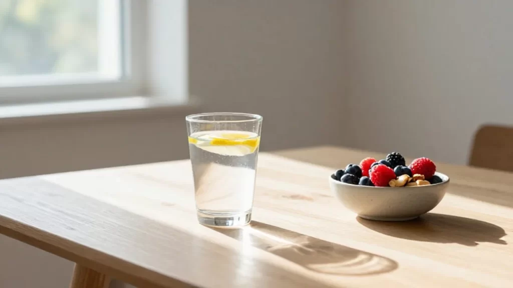 Vaso de agua con limón y un cuenco de bayas y frutos secos sobre una mesa de madera.