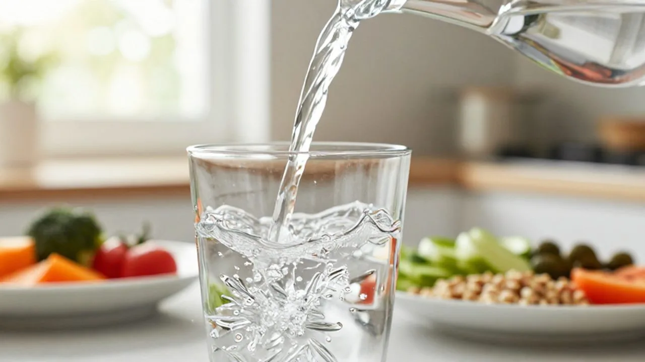 Agua cristalina cayendo en un vaso sobre una mesa con comida saludable de fondo.