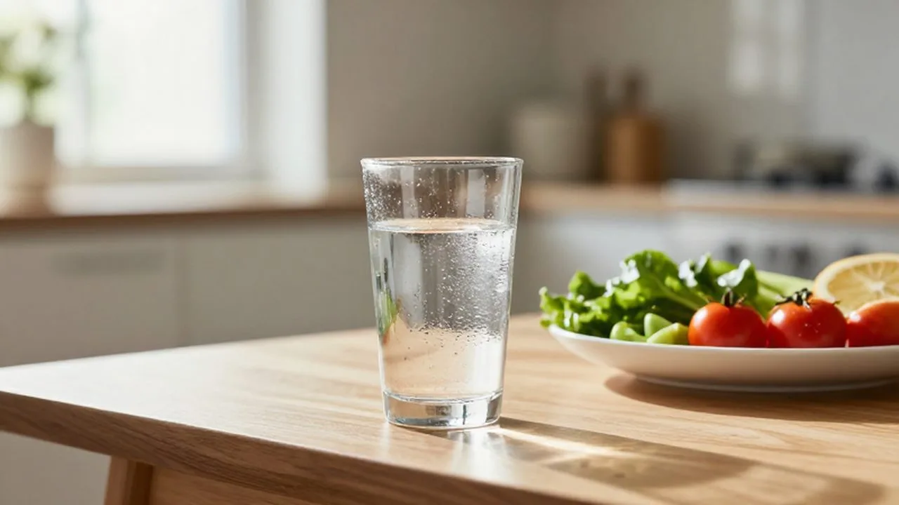Vaso de agua con gotas de condensación junto a un plato de comida saludable sobre una mesa de madera.