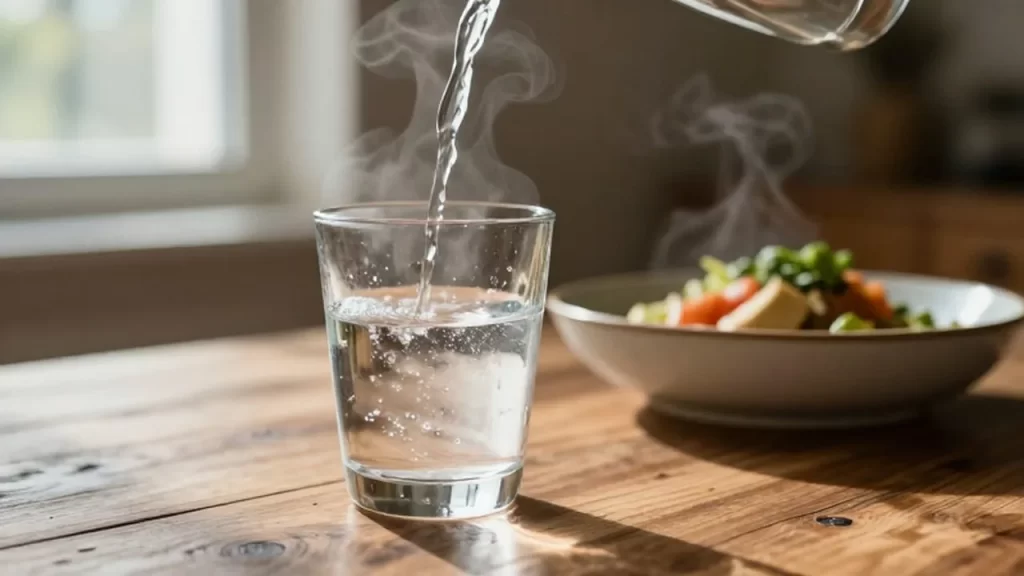 Agua fresca vertiéndose en un vaso sobre una mesa de madera con un plato saludable al fondo.
