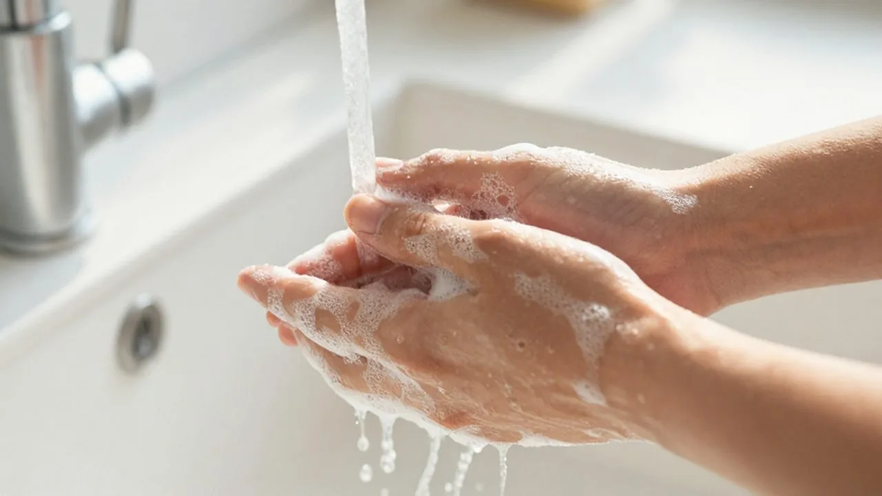 Manos con espuma de jabón lavándose bajo un chorro de agua cristalina en un fregadero.