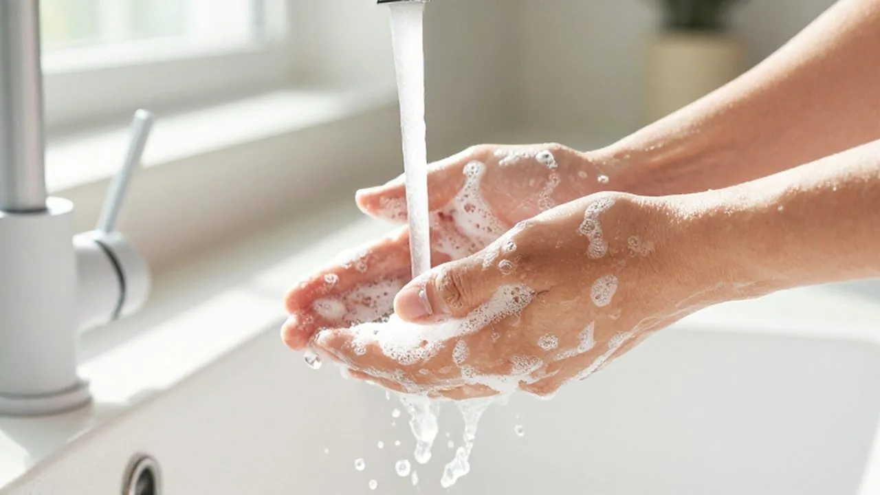 Manos con espuma de jabón lavándose bajo un chorro de agua cristalina.