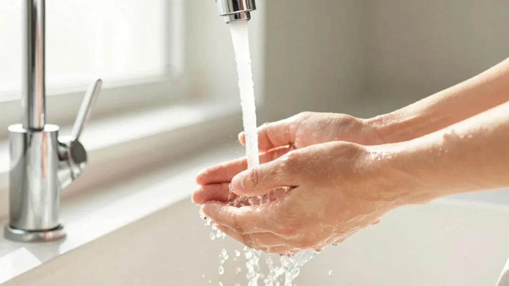 Manos limpias lavándose bajo un chorro de agua cristalina en un fregadero de mármol.