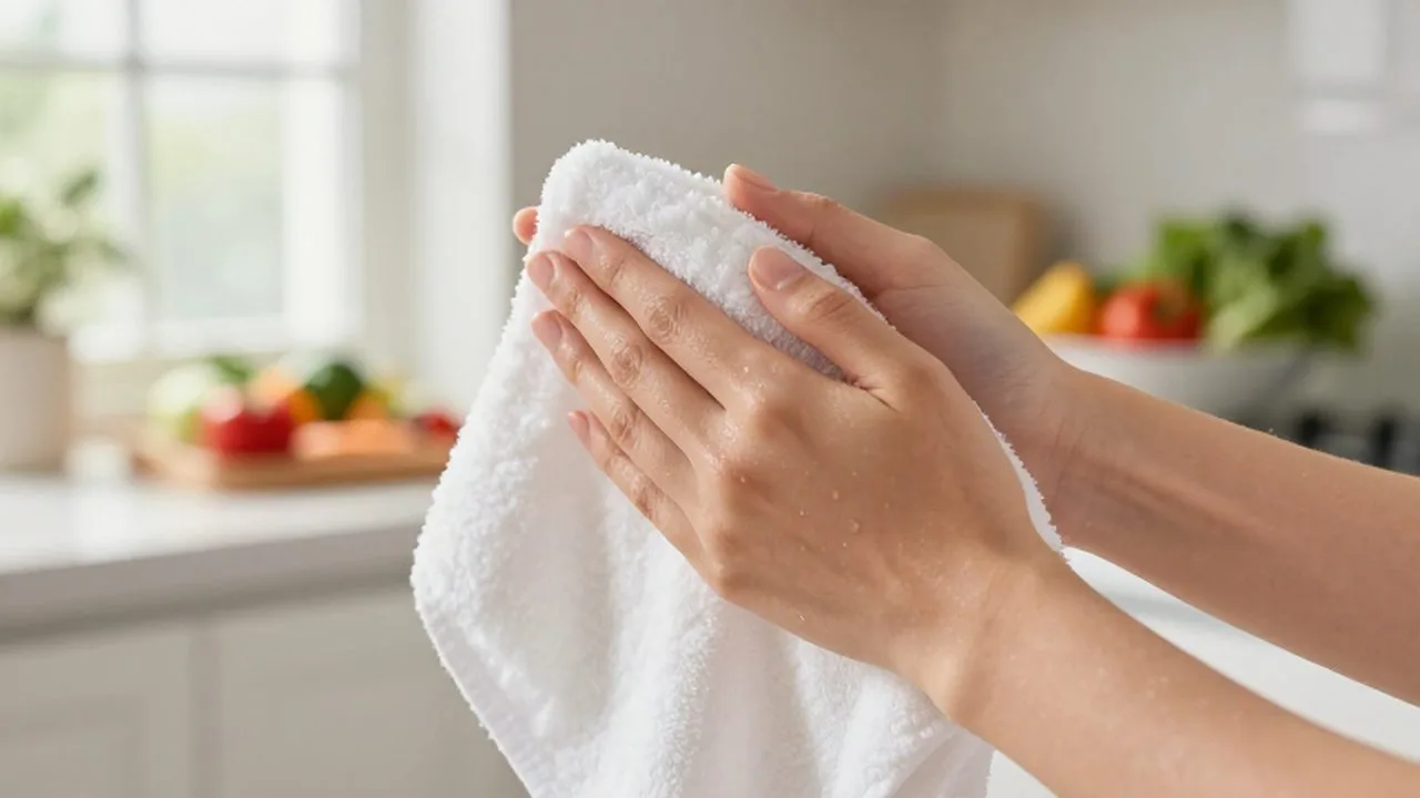 Manos limpias secándose con una toalla blanca de algodón en una cocina luminosa.
