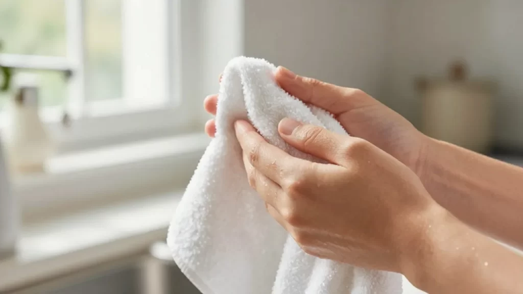 Manos limpias secándose con una toalla de algodón blanco en una cocina luminosa.