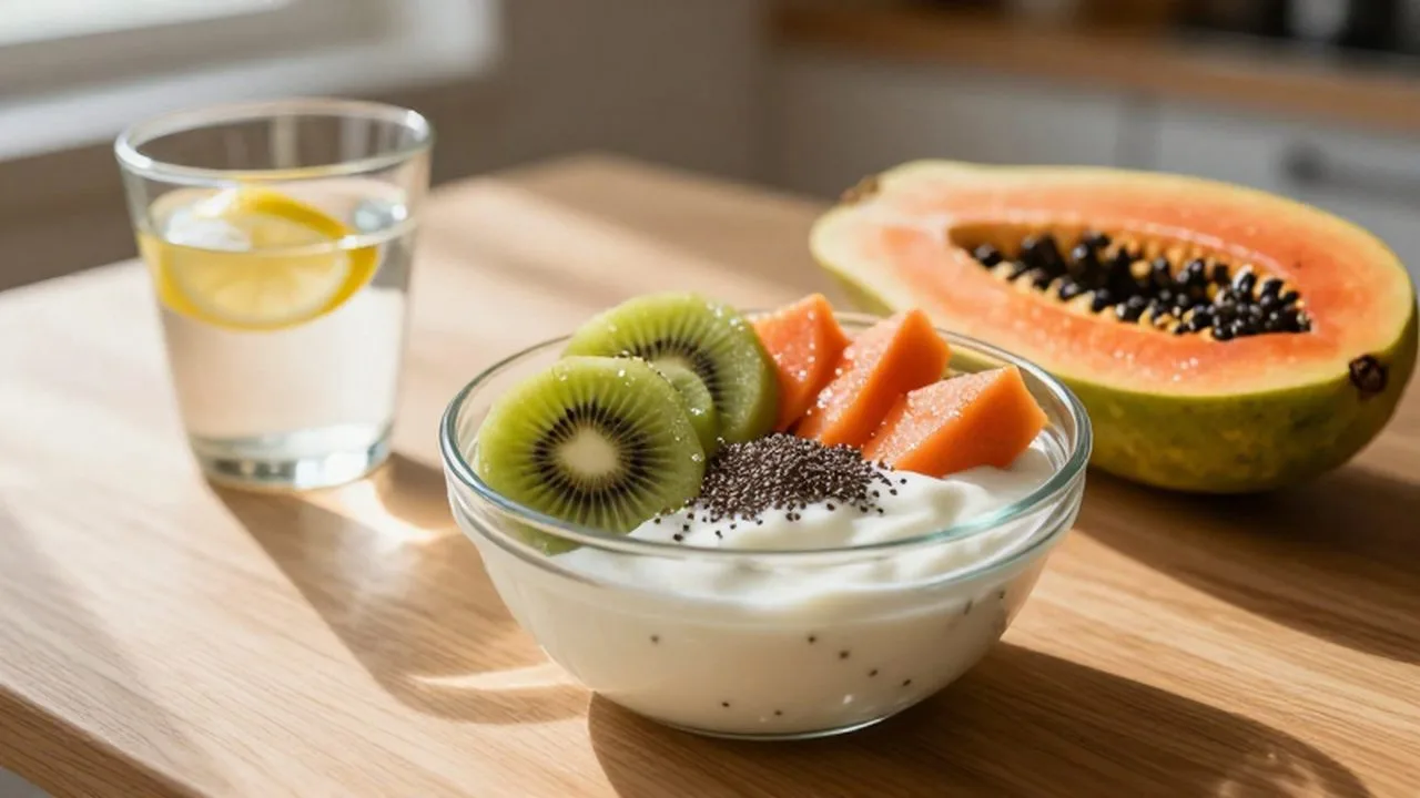 Desayuno saludable con yogur con chía, trozos de kiwi, papaya y un vaso con agua y limón.