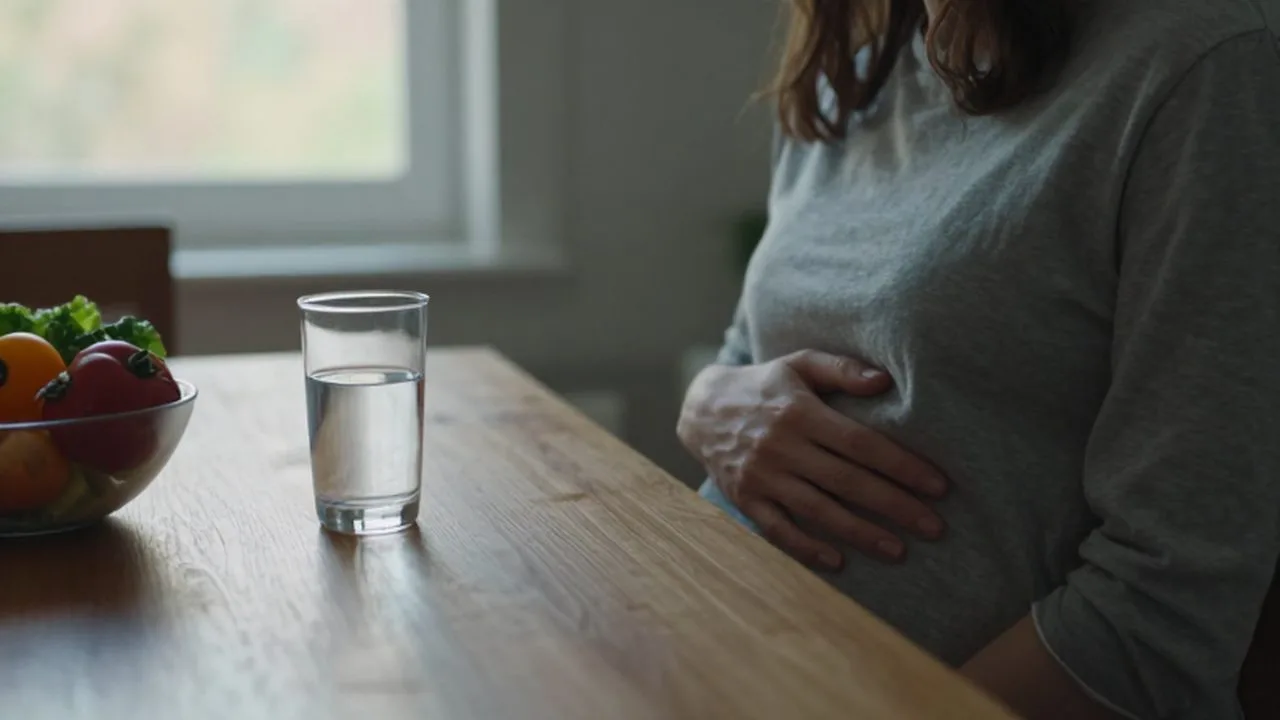 Mujer contemplativa sentada ante una mesa con verduras frescas y un vaso de agua.