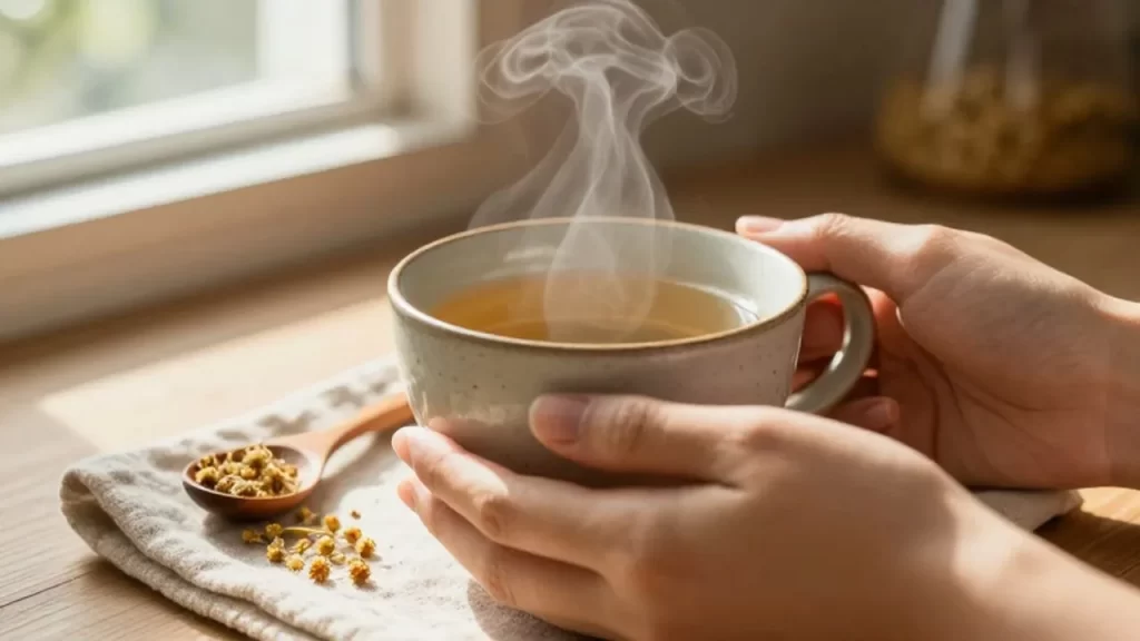 Manos sosteniendo una taza de cerámica con una infusión caliente sobre un mantel de lino.