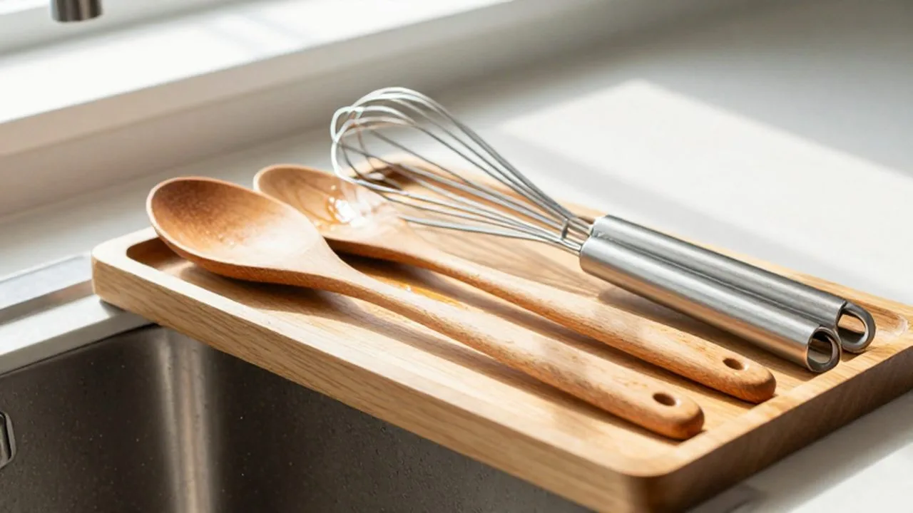 Utensilios de cocina limpios y ordenados sobre una bandeja de madera en un fregadero luminoso.