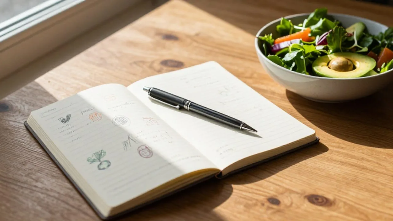 Cuaderno con notas y dibujos de vegetales junto a un bol de ensalada fresca sobre una mesa de madera.