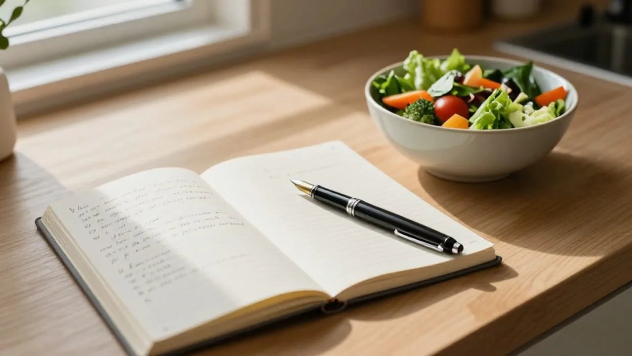 Cuaderno con notas de comida y una pluma al lado de un bol de ensalada sobre una mesa de madera.