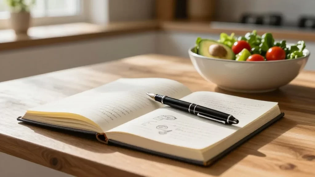 Cuaderno abierto con notas y dibujos de vegetales sobre una mesa de madera junto a un bol de ensalada fresca.