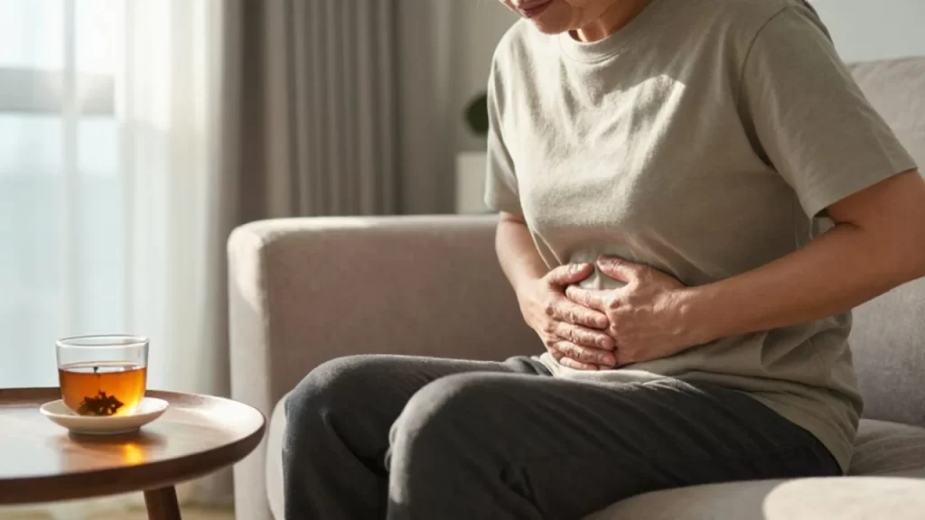 Persona de mediana edad sentada en un sofá con la mano en el abdomen y un té en la mesa.