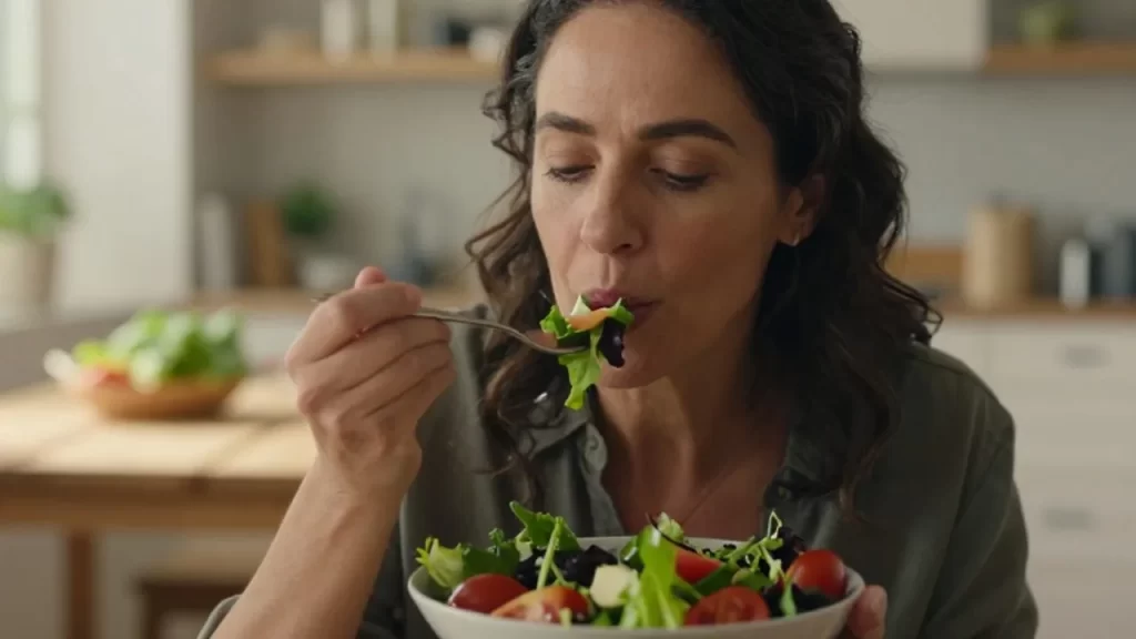 Mujer de mediana edad disfrutando tranquilamente de una ensalada mediterránea en una cocina iluminada.